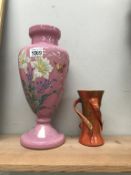 A pink opaline hand painted vase and a Baron Barnstaple 3 handled vase