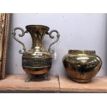 2 handled brass vase and a brass jardiniere