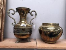 2 handled brass vase and a brass jardiniere