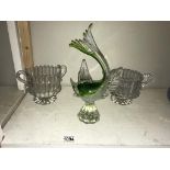 2 clear heavy glass deep bowls with handles, they look similar but not a pair, both A/F & a 12.