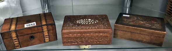 2 inlaid boxes and a carved box