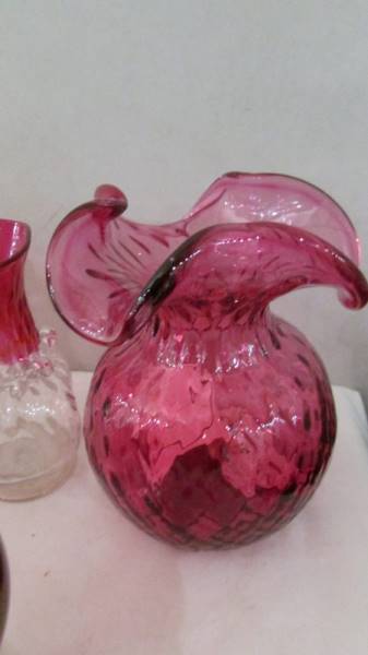 Six items of cranberry glass including pair of vases, single vase, lidded pot etc. - Image 2 of 6
