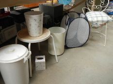Seven items of metal ware including scroll ware chair. stool, bins etc.