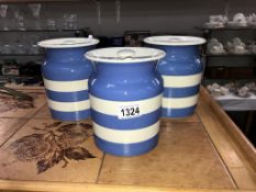 3 large TG Green Cornish ware storage jars with green shield back stamps,