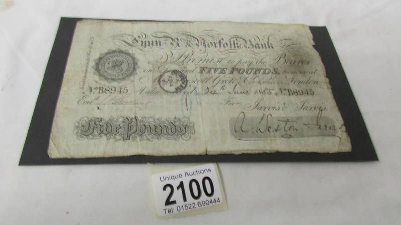 A Lynn & Norfolk white £5 note, 1885.