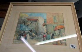 A good framed and glazed watercolour depicting a market scene signed Fawcett.