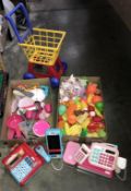 A quantity of children's kitchen items including plastic food, utensils pots & pans,