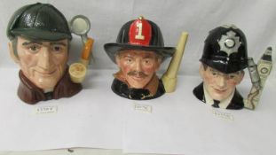 3 Royal Doulton character jugs - The London Bobby D6744, The Fireman D6697 and The Sleuth D6631.