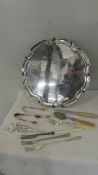 A Lincoln golf club tray, 3 pickle forks, sugar tongs etc.