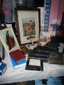 A mixed lot or religious collectables including Bibles, pictures, jewellery etc.