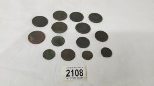 6 cartwheel pennies, a 1775 farthing, 2 1799 farthings and five other coins.