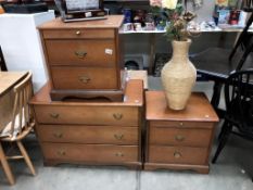 A 3 drawer chest and 2 matching bedside chests height 65cm, width 84cm, depth 43.