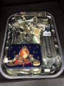 A box containing a tin of badges & coins, razors, can openers & vintage medical equipment etc.