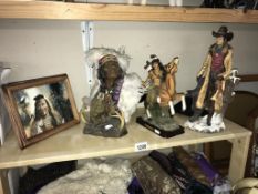 A cowboy & 2 Indian figures & framed Indian picture.