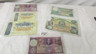Six old Scottish five pound bank notes including 1954, 1955, 1957 and 1964.