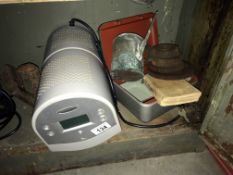 A Bionaire hot air blower, vintage money box with key, weights & copper jug etc.