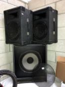 A pair of mid range 12" speaker cabs with horns & a 18" bass bon