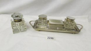 A hobnut cut glass inkwell circa 1910 together with a silver plate inkstand marked Leuchars, Paris,