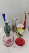 Five assorted coloured glass vases, an art glass dish etc.