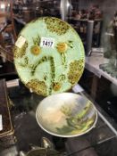 A Majolica plate with budgerigars and a vintage pin dish with Maker's mark ****Condition