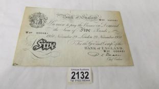 A Bank of England white £5 note, dated 29 Nov. 1951, No. W37 050481, P S Beale.