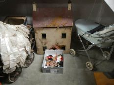 A Victorian dolls pram, an old dolls house, another dolls pram, puppets etc., (all need work).