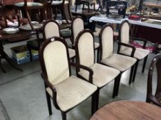 6 modern dark stained wood arch backed upholstered dining chairs (included 2 carver chairs)