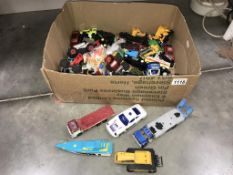 A box of mixed play worn die cast and plastic vehicles