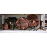 A Victorian copper kettle, hammered copper tray & 2 others (1 A/F) & bronze candlestick etc.