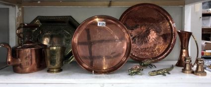 A Victorian copper kettle, hammered copper tray & 2 others (1 A/F) & bronze candlestick etc.