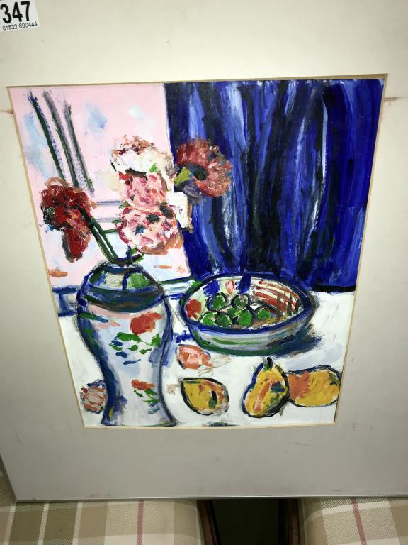 A Scottish colourist style 20th goauche on paper still life with flowers and fruit, - Image 2 of 3