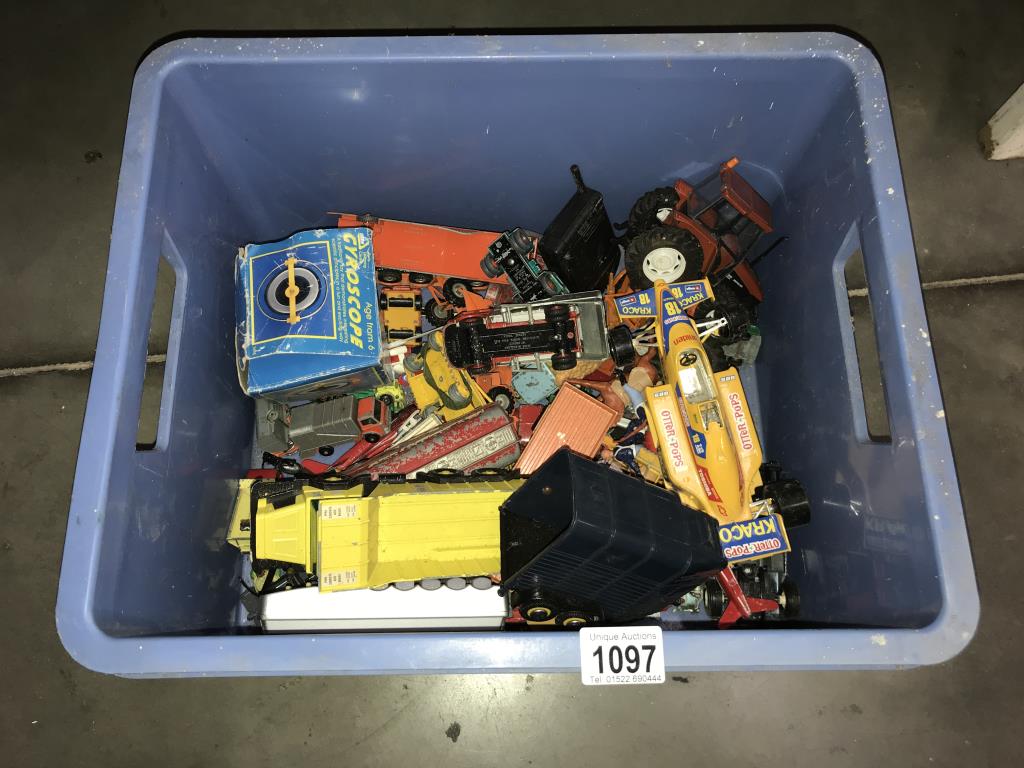 A box of play worn Corgi, Matchbox and Britain's diecast vehicles etc.