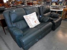 A green leather 2 seat settee and chair