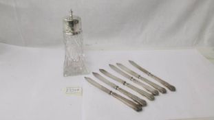 A fine walker and hall cut glass sugar sifter with silver top and a set of 6 Walker & Hall silver