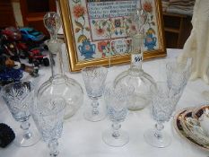 2 etched glass decanters and 6 glasses.