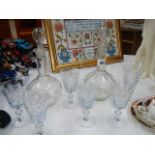 2 etched glass decanters and 6 glasses.