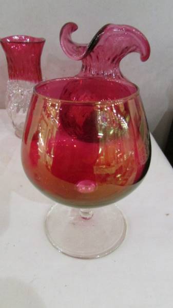 Six items of cranberry glass including pair of vases, single vase, lidded pot etc. - Image 6 of 6