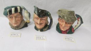 3 Royal Doulton character jugs - Robin Hood D6534, The Falconer D6385 and The Poacher D6464.