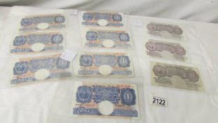 Seven circa 1940's one pound notes and three ten shilling notes - K O Peppiatt.