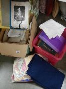 Two boxes of doll patterns, fabric, sheet music etc.