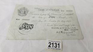 A Bank of England white £5 note dated 29 May 1947, No.