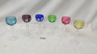 A good set of 6 Bohemian coloured and cut glass liquor glasses.