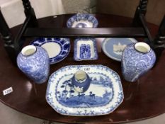 A quantity of pottery including blue and white platter, old Foley ware vases, Adams vase etc.