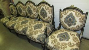 A Victorian 3 piece salon suite inlaid with mother of pearl, needs some attention.