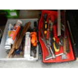 Two boxes of assorted tools, fillers etc.