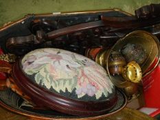 A good box of brassware, tapestry foot stool, bellows etc.