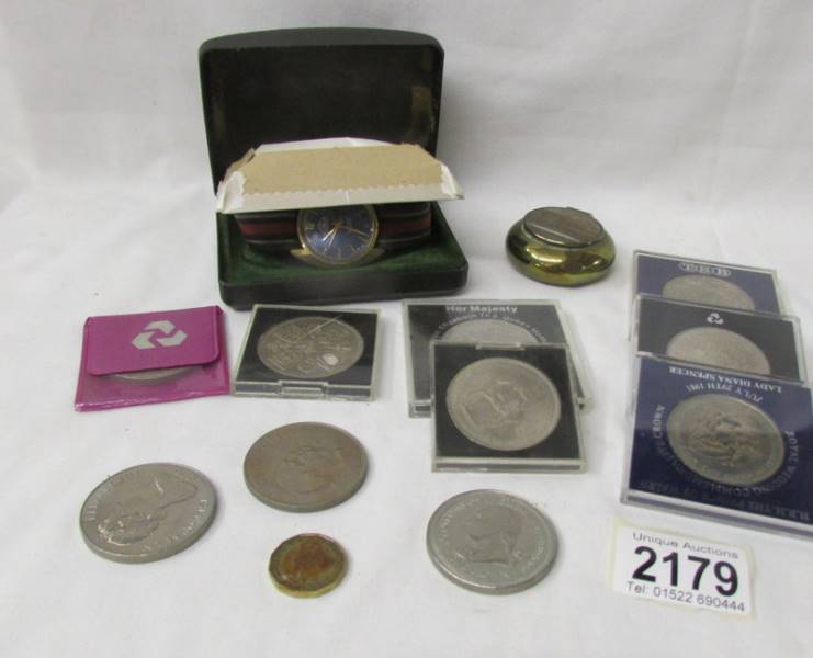 A mixed lot of coins and boxed Mondaine watch.