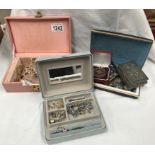 3 jewellery boxes containing assorted costume jewellery