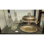 2 glass decanters, glass vase, silver plate items.