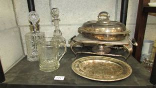 2 glass decanters, glass vase, silver plate items.